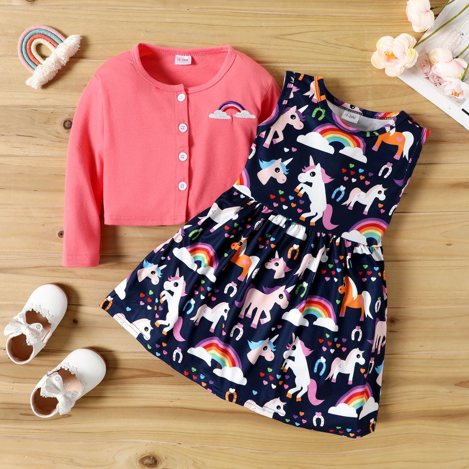 2-piece Toddler Girl Unicorn Rainbow Heart Print Sleeveless Dress and Button Design Jacket Cardigan Set Pink