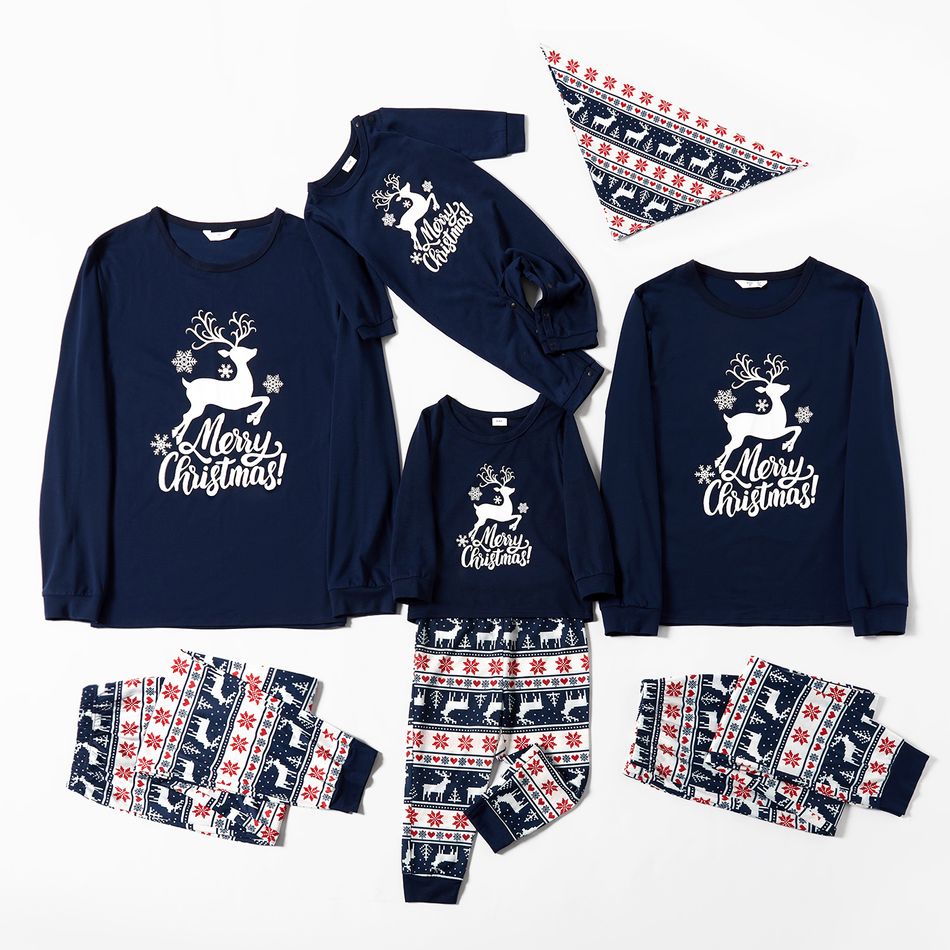 Christmas Reindeer and Letter Print Dark Blue Family Matching Long-sleeve Pajamas Sets (Flame Resistant) Dark blue/White/Red