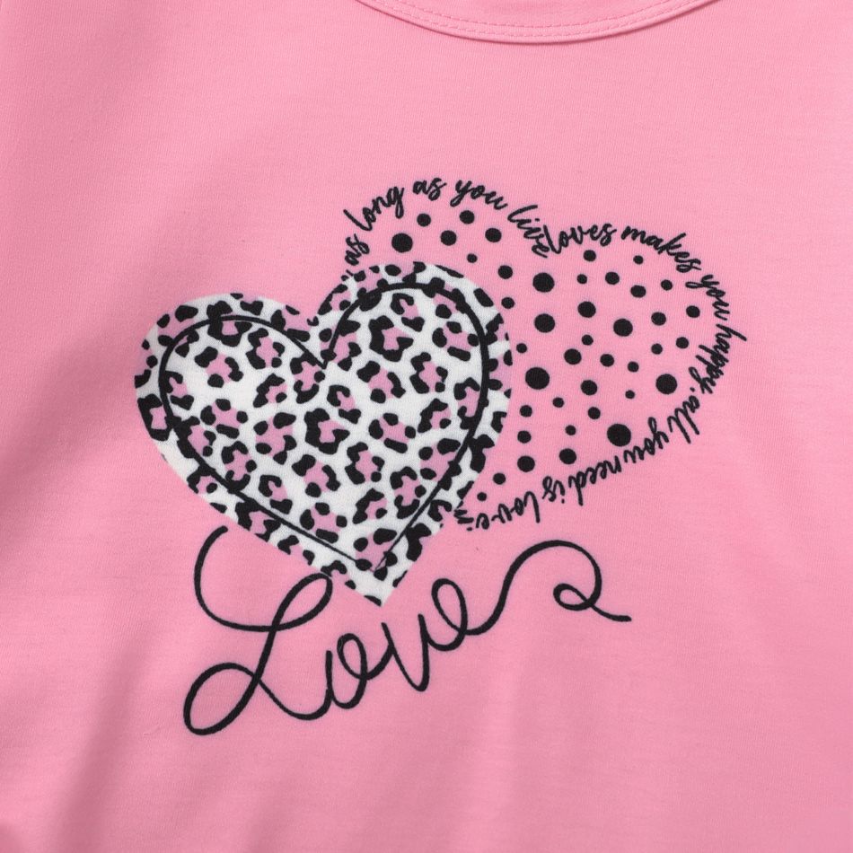 2-piece Kid Girl Heart Pattern Leopard Print Sweatshirt and Colorblock Pants Casual Set Light Pink big image 3