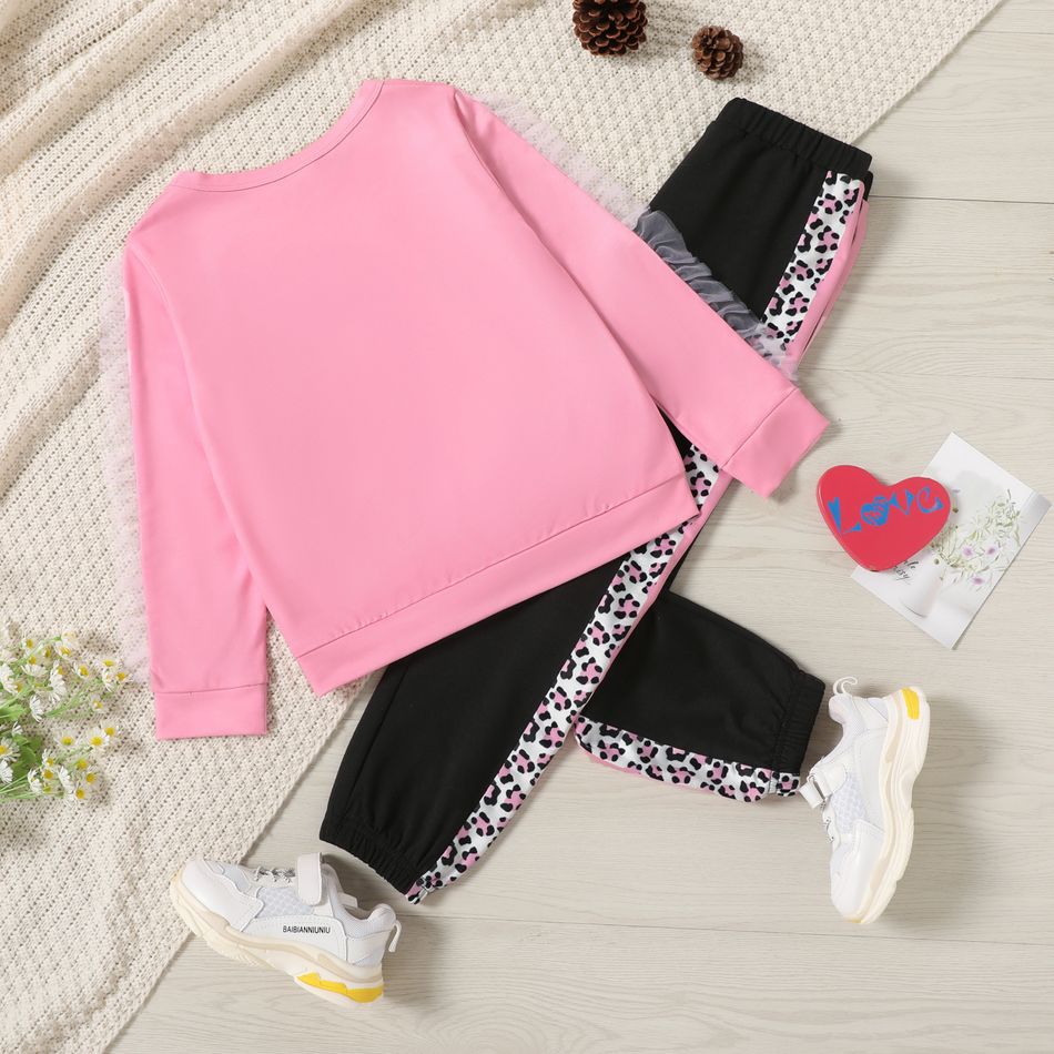 2-piece Kid Girl Heart Pattern Leopard Print Sweatshirt and Colorblock Pants Casual Set Light Pink big image 2