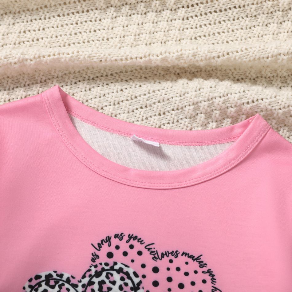 2-piece Kid Girl Heart Pattern Leopard Print Sweatshirt and Colorblock Pants Casual Set Light Pink big image 4