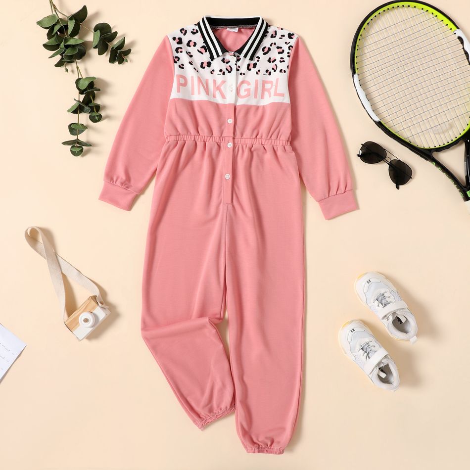 Kid Girl Letter Leopard Print Button Design Striped Long-sleeve Jumpsuits DirtyPink