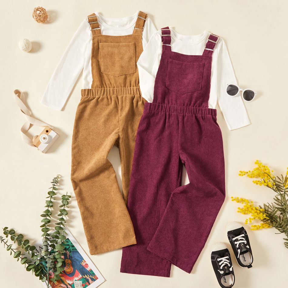 Kid Girl Adjustable Solid Color Casual Ribbed Overalls Burgundy