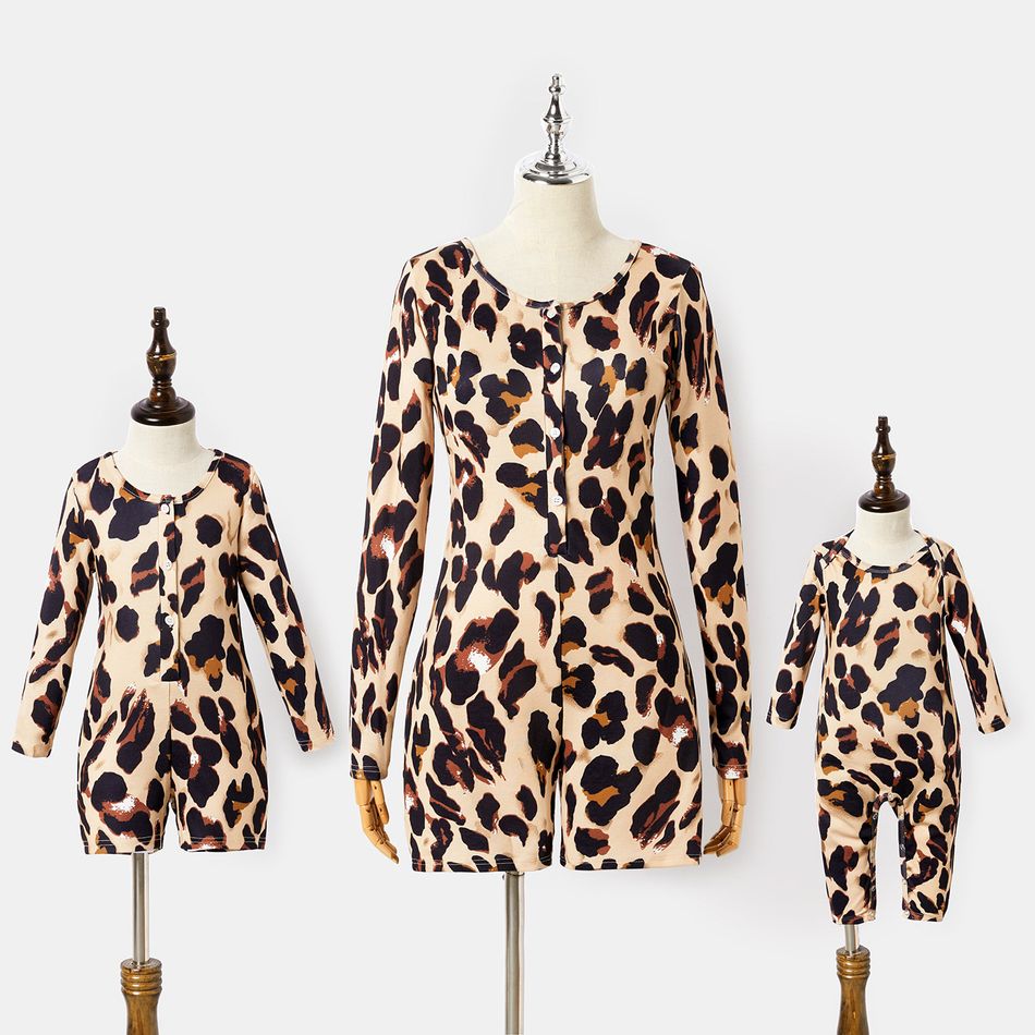 All Over Leopard Apricot Round Neck Long-sleeve Snug-fit Romper Shorts for Mom and Me Apricot