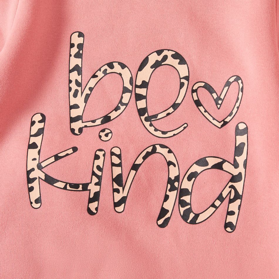 2-piece Kid Girl Letter Print Fleece Lined Pullover Sweatshirt and Leopard Print Patchwork Ripped Denim Black Jeans Pink big image 4
