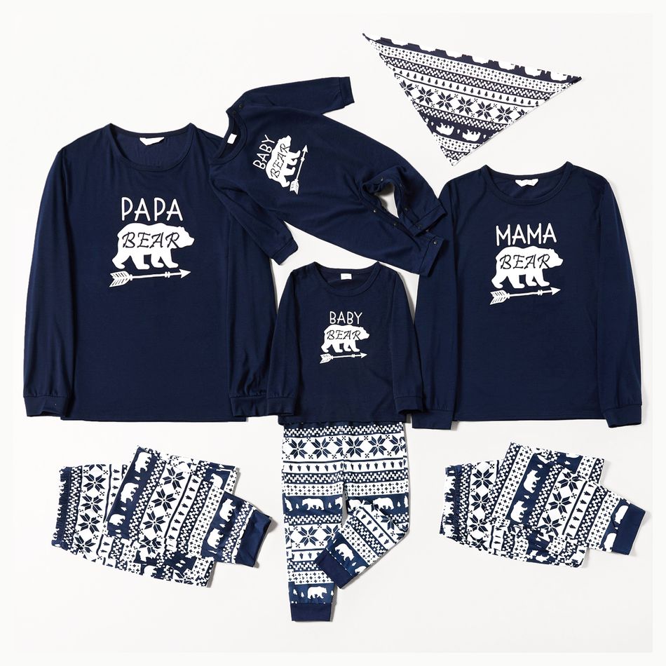 Christmas Polar Bear and Letter Print Dark Blue Family Matching Long-sleeve Pajamas Sets (Flame Resistant) Dark Blue/white