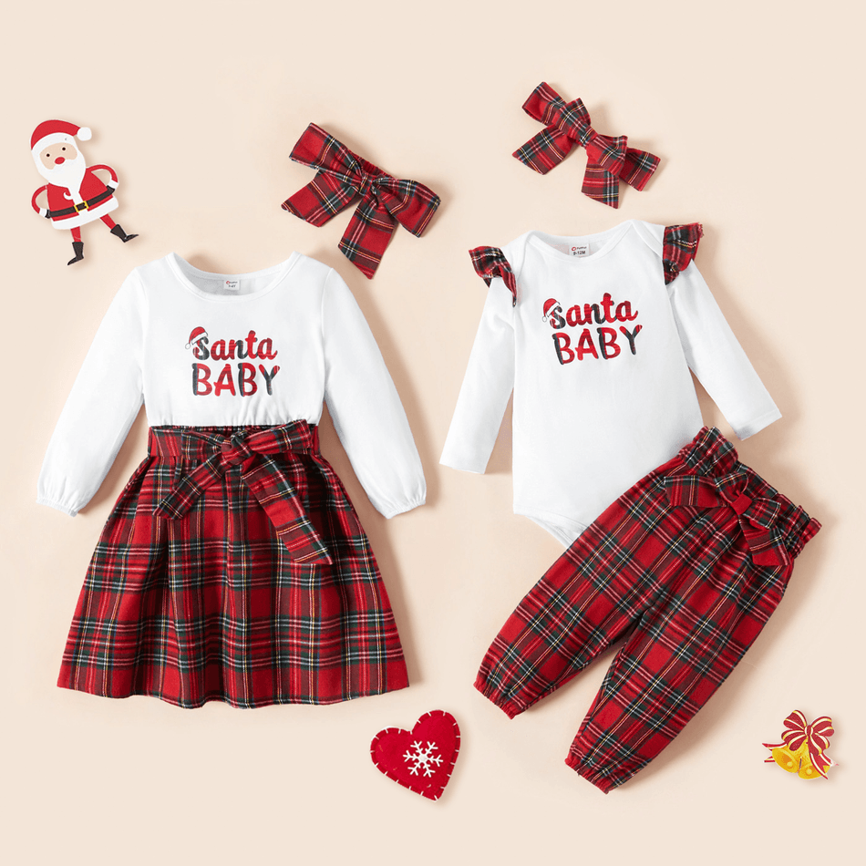 Christmas Letter Print Sibling Matching Long-sleeve Splicing Red Plaid Sets Red/White