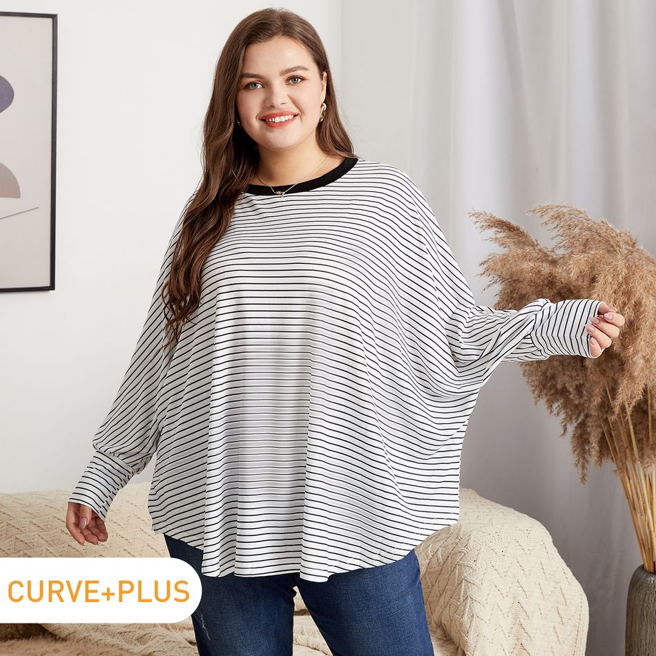 Women Plus Size Casual Stripe Pullover Lounge Black/White