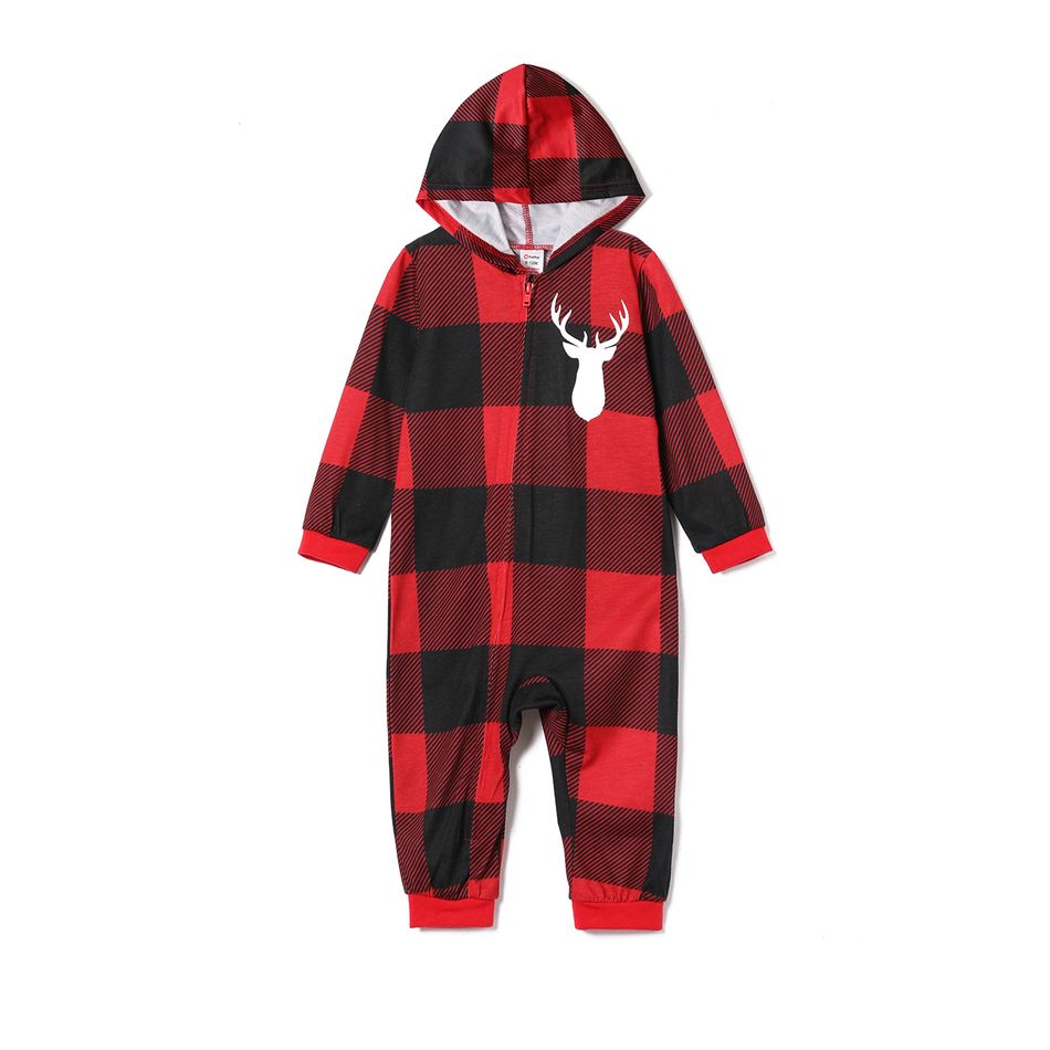 Christmas Reindeer and Letter Print Red Plaid Family Matching Long-sleeve Hooded Onesies Pajamas Sets (Flame Resistant) redblack big image 13