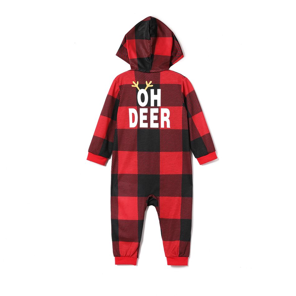 Christmas Reindeer and Letter Print Red Plaid Family Matching Long-sleeve Hooded Onesies Pajamas Sets (Flame Resistant) redblack big image 14