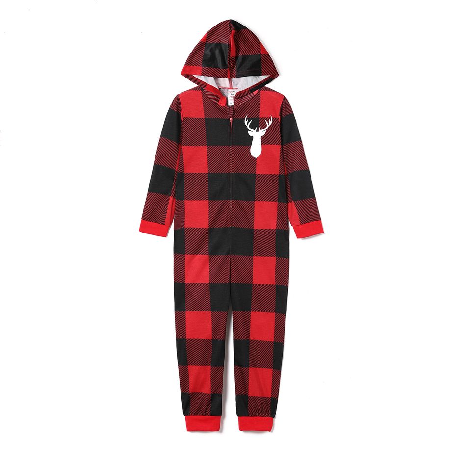 Christmas Reindeer and Letter Print Red Plaid Family Matching Long-sleeve Hooded Onesies Pajamas Sets (Flame Resistant) redblack big image 11