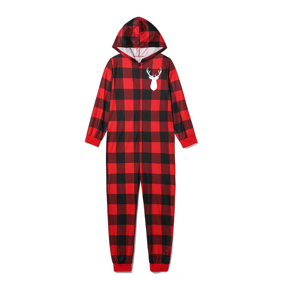 Christmas Reindeer and Letter Print Red Plaid Family Matching Long-sleeve Hooded Onesies Pajamas Sets (Flame Resistant) redblack big image 9