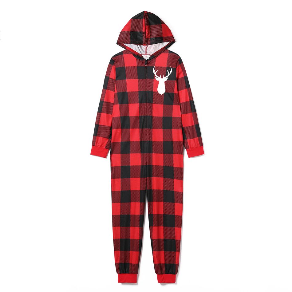 Christmas Reindeer and Letter Print Red Plaid Family Matching Long-sleeve Hooded Onesies Pajamas Sets (Flame Resistant) redblack big image 5
