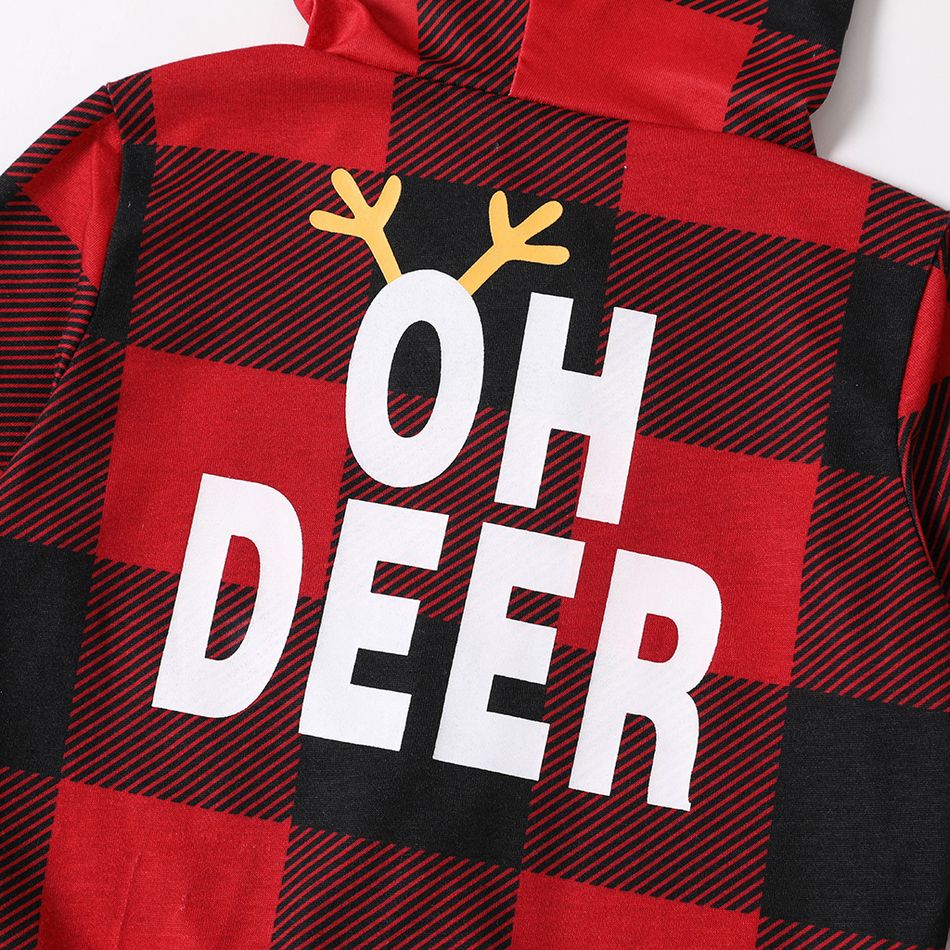 Christmas Reindeer and Letter Print Red Plaid Family Matching Long-sleeve Hooded Onesies Pajamas Sets (Flame Resistant) redblack big image 4