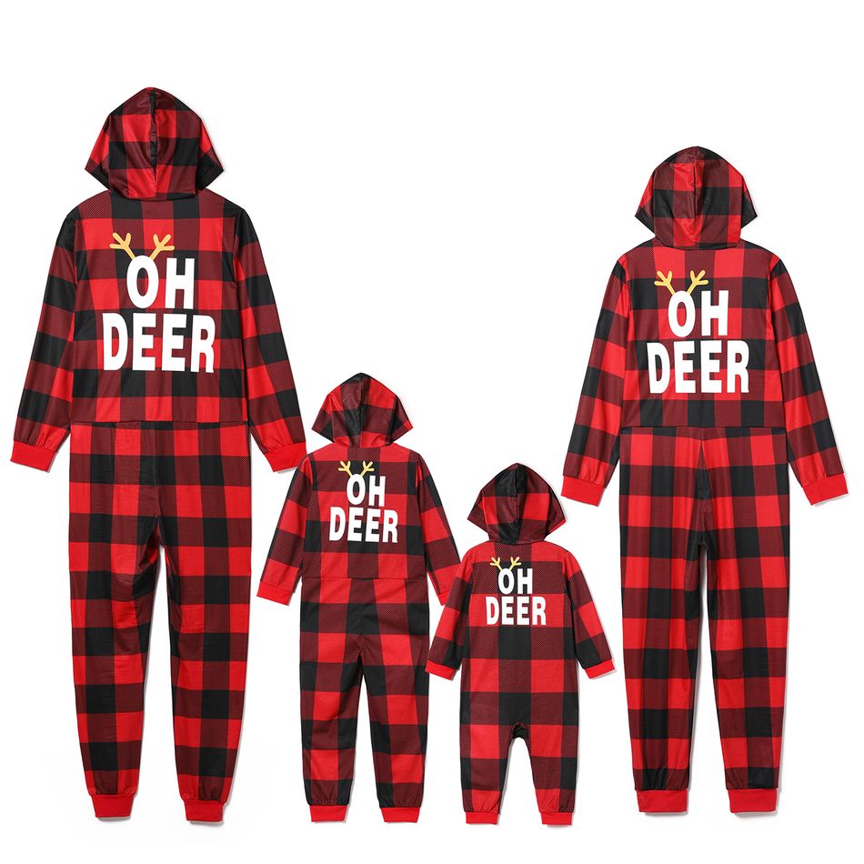 Christmas Reindeer and Letter Print Red Plaid Family Matching Long-sleeve Hooded Onesies Pajamas Sets (Flame Resistant) redblack big image 1