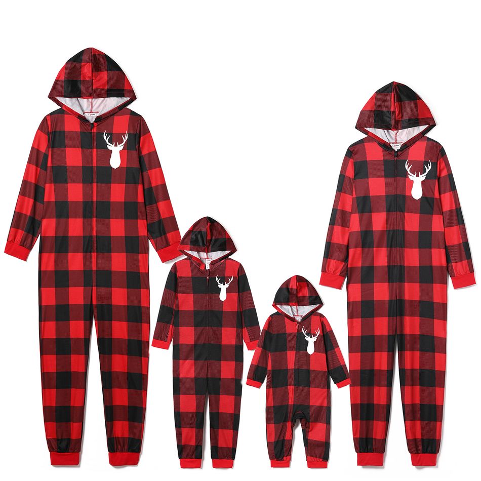 Christmas Reindeer and Letter Print Red Plaid Family Matching Long-sleeve Hooded Onesies Pajamas Sets (Flame Resistant) redblack big image 2