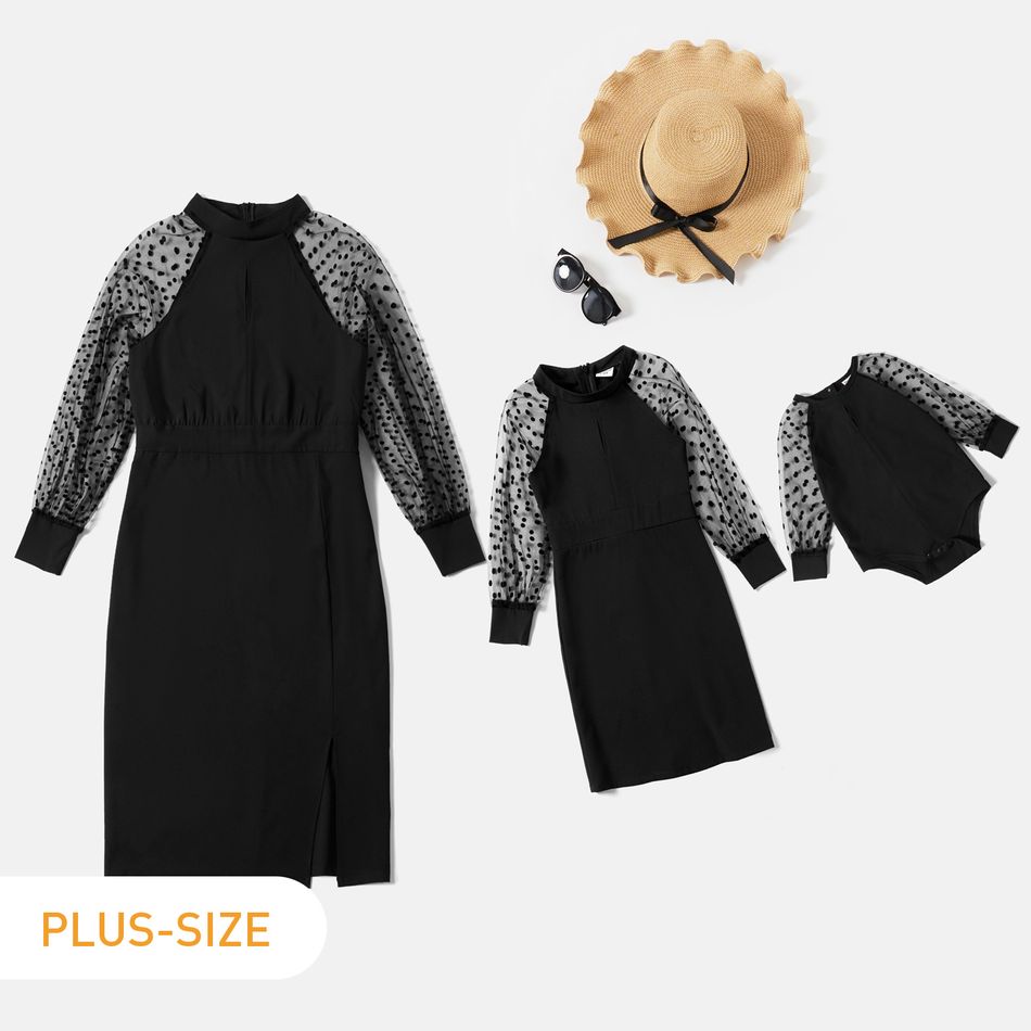 Black Polka Dots Mesh Lantern Long-sleeve Splicing Dress for Mom and Me Black