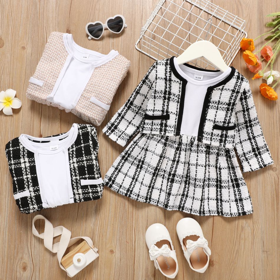 2-piece Toddler Girl Long-sleeve White Plaid Tweed Stitching Dress and Cardigan Set Black/White big image 5