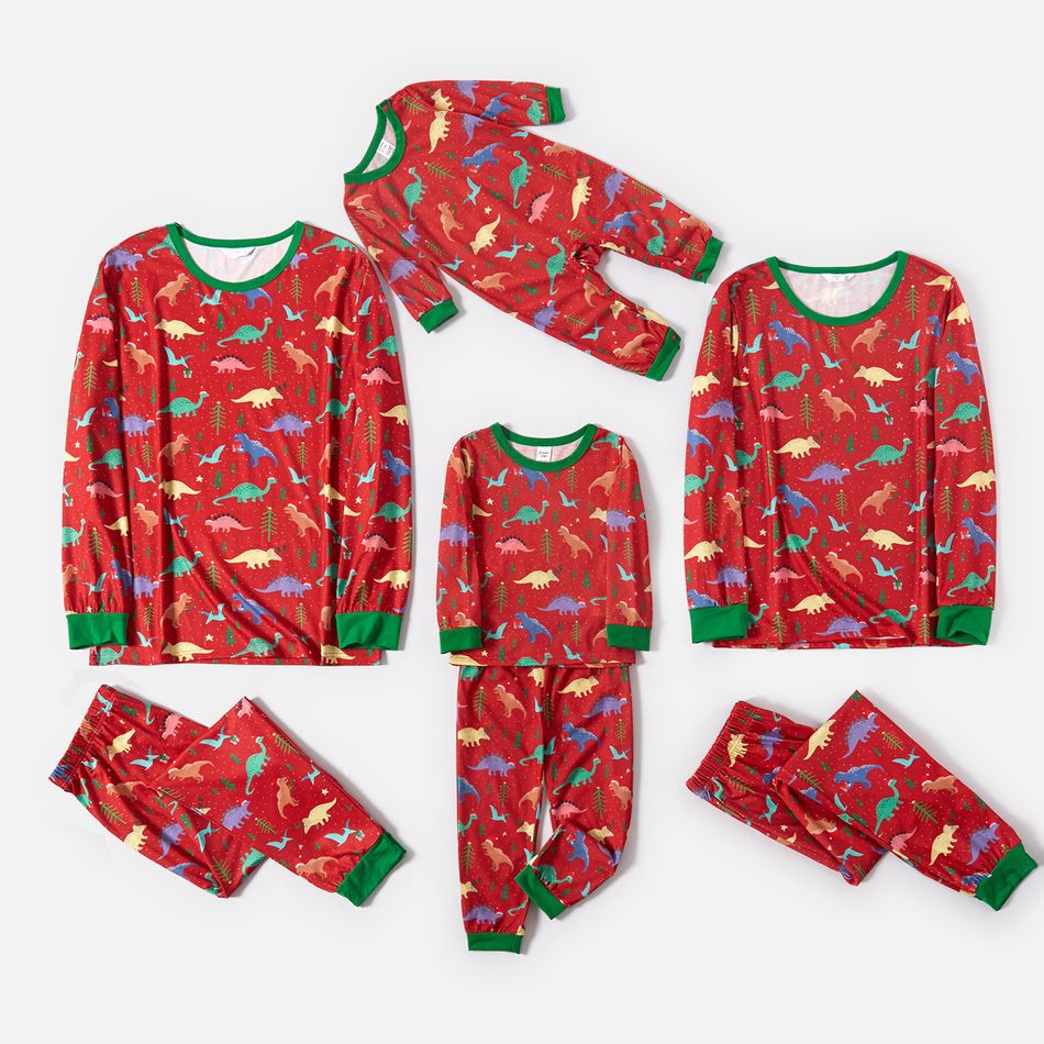 Christmas All Over Dinosaur Print Red Family Matching Long-sleeve Pajamas Sets (Flame Resistant) Red