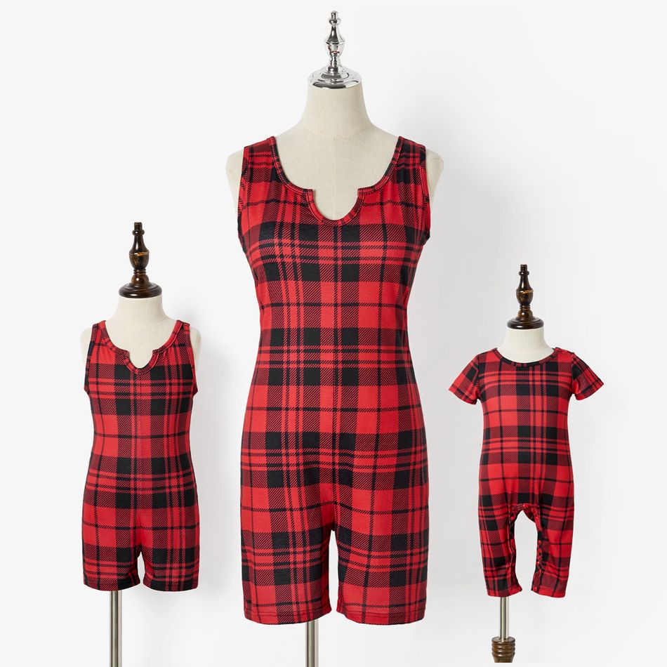 Christmas Red Plaid Stretchy Sleeveless Tank Romper Shorts for Mom and Me Red