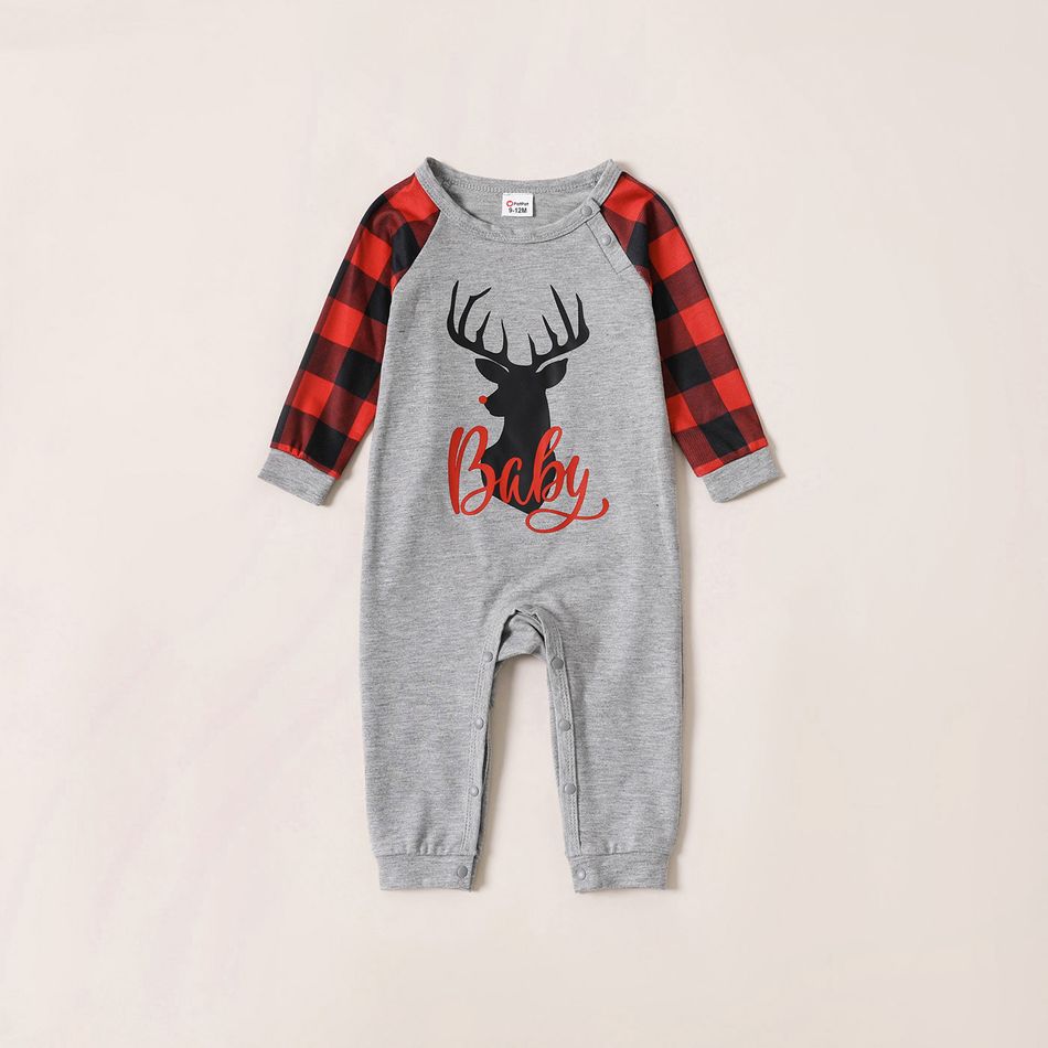 Christmas Deer and Letter Print Red Plaid Long-sleeve Hooded Sweatshirts for Mom and Me Color block big image 9
