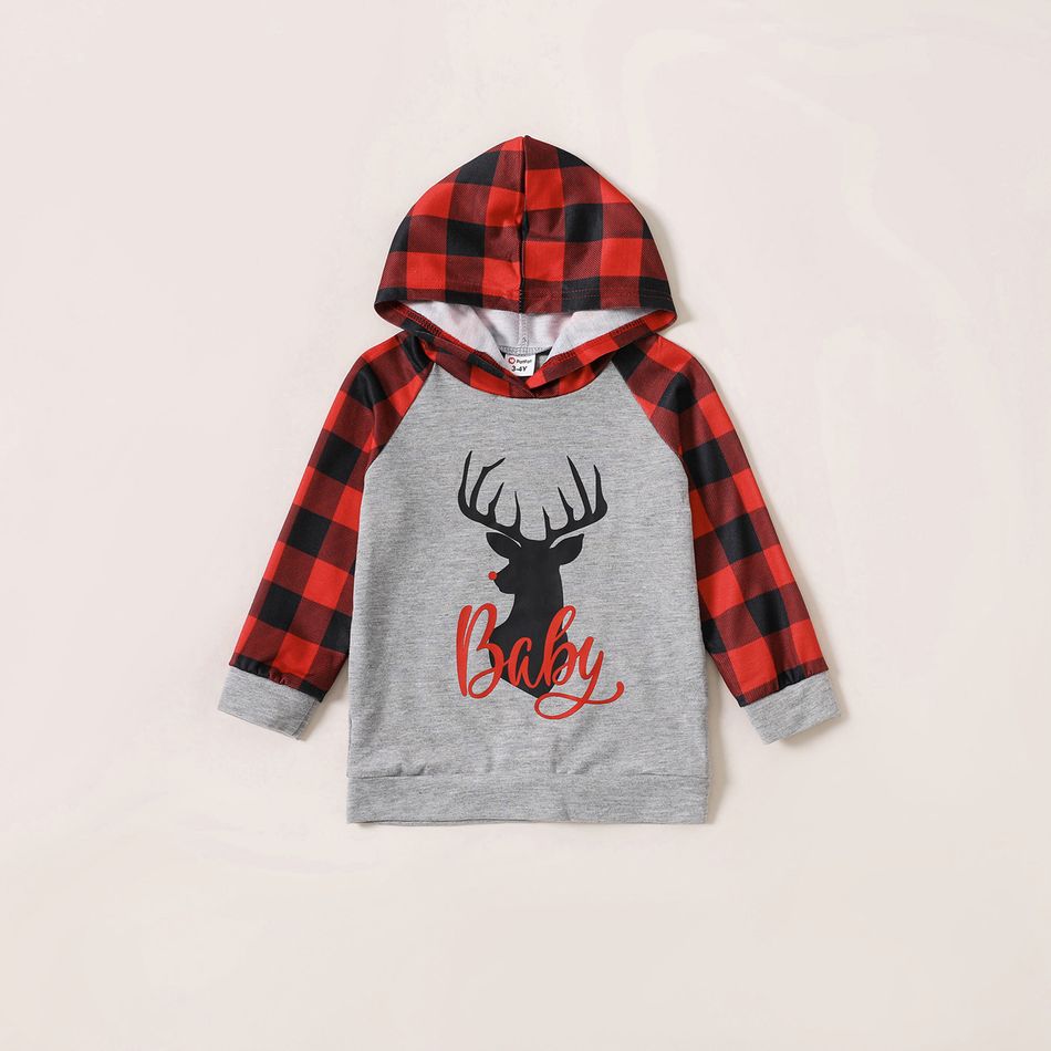 Christmas Deer and Letter Print Red Plaid Long-sleeve Hooded Sweatshirts for Mom and Me Color block big image 5
