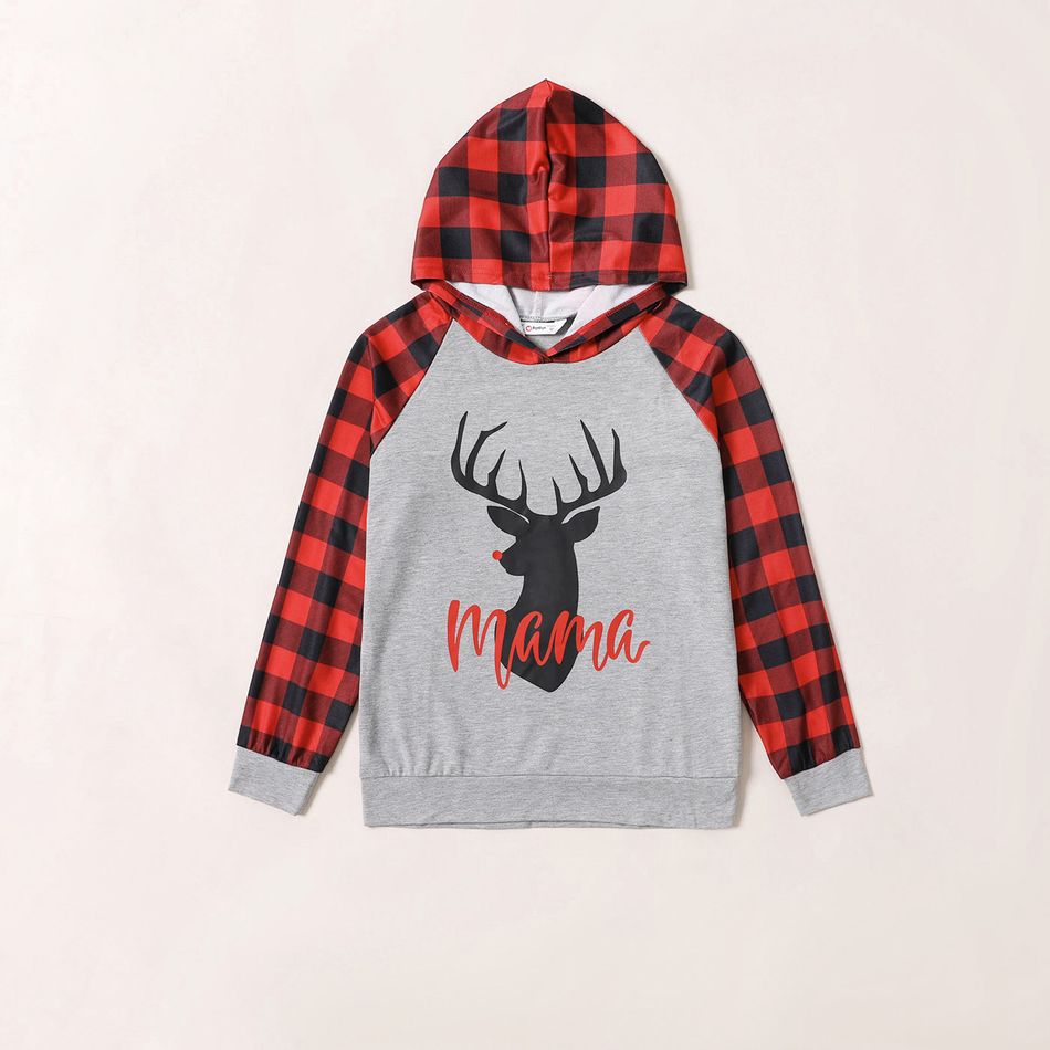 Christmas Deer and Letter Print Red Plaid Long-sleeve Hooded Sweatshirts for Mom and Me Color block big image 2