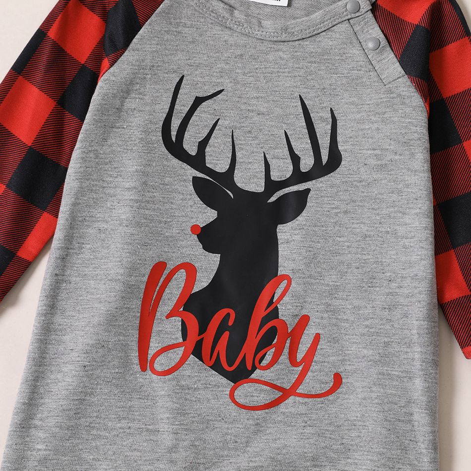 Christmas Deer and Letter Print Red Plaid Long-sleeve Hooded Sweatshirts for Mom and Me Color block big image 8