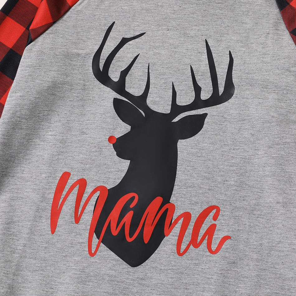 Christmas Deer and Letter Print Red Plaid Long-sleeve Hooded Sweatshirts for Mom and Me Color block big image 4