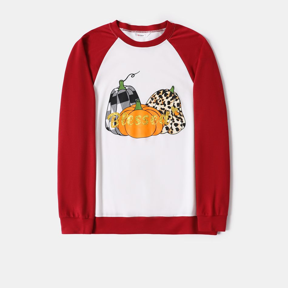 Thanksgiving Day Pumpkin and Letter Print Family Matching Red Raglan Long-sleeve Sweatshirts ColorBlock big image 2