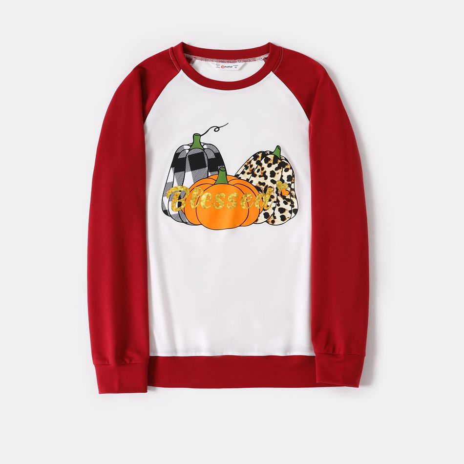 Thanksgiving Day Pumpkin and Letter Print Family Matching Red Raglan Long-sleeve Sweatshirts ColorBlock big image 3