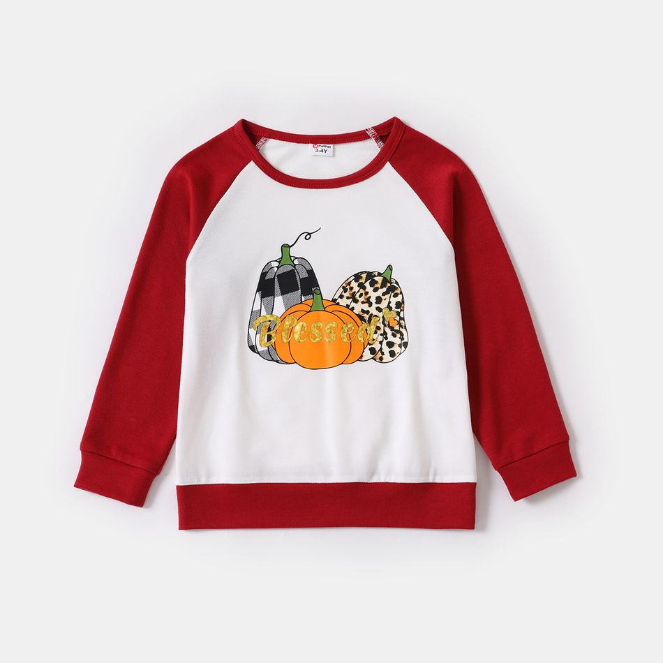 Thanksgiving Day Pumpkin and Letter Print Family Matching Red Raglan Long-sleeve Sweatshirts ColorBlock big image 7