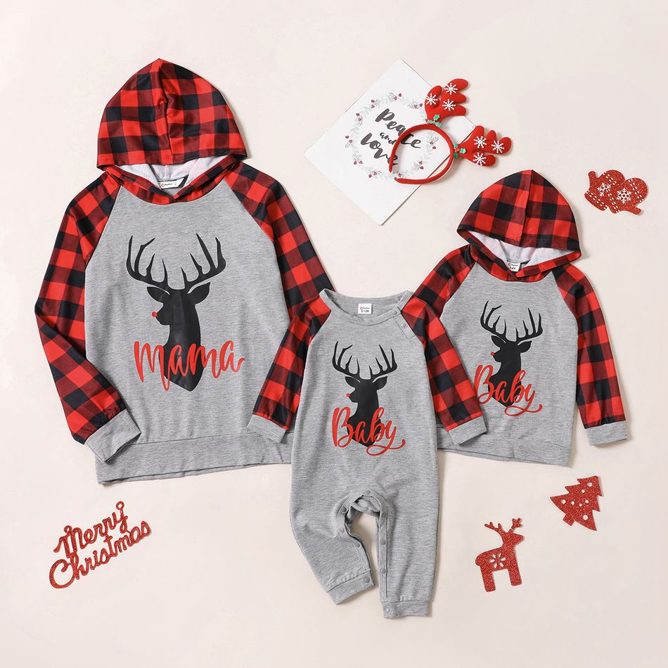 Christmas Deer and Letter Print Red Plaid Long-sleeve Hooded Sweatshirts for Mom and Me Color block