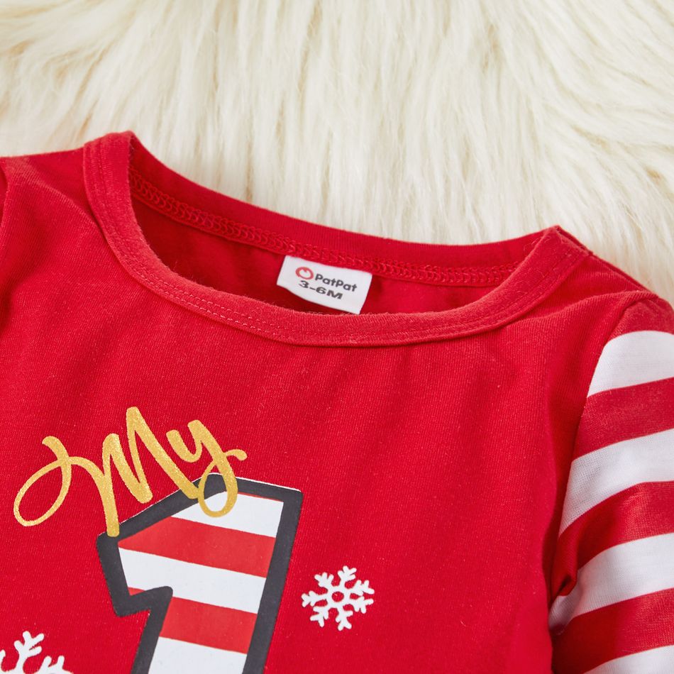 New Year Baby Boy/Girl Letter Print Red Striped Long-sleeve Jumpsuit Red big image 2