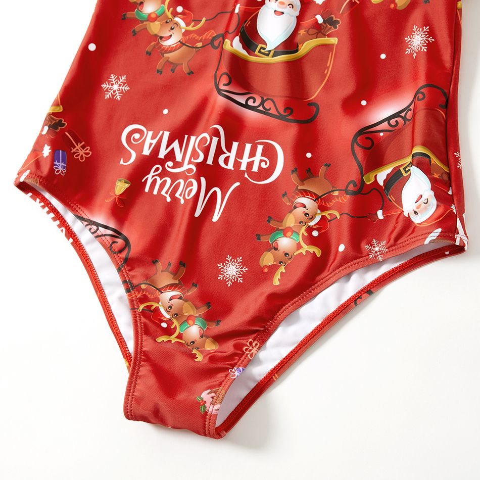 Christmas All Over Santa Claus on Sleigh with 2 Reindeers and Letter Print Red Family Matching Swimsuits Red big image 5