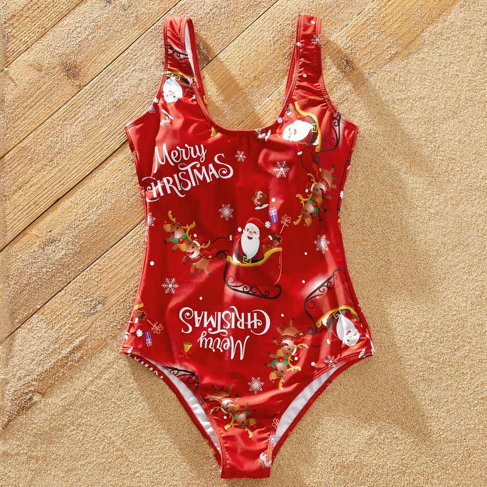 Christmas All Over Santa Claus on Sleigh with 2 Reindeers and Letter Print Red Family Matching Swimsuits Red big image 2