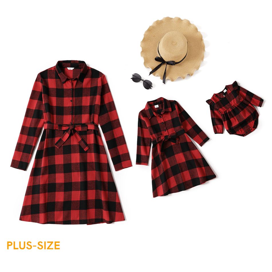 Christmas Red Plaid Lapel Long-sleeve Belted Shirt Dress for Mom and Me PLAID