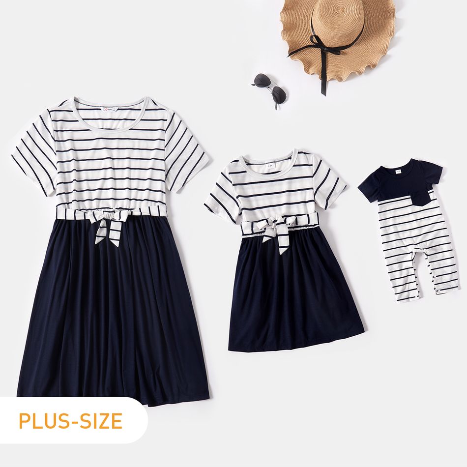 Striped Short-sleeve Splicing Self Tie Dress for Mom and Me White