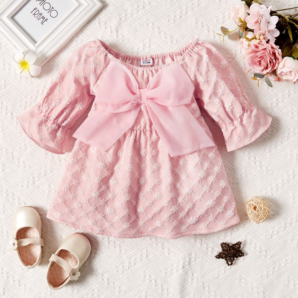 Baby Girl 3D Floral Pink Off Shoulder Bell Sleeve Bowknot Dress Pink