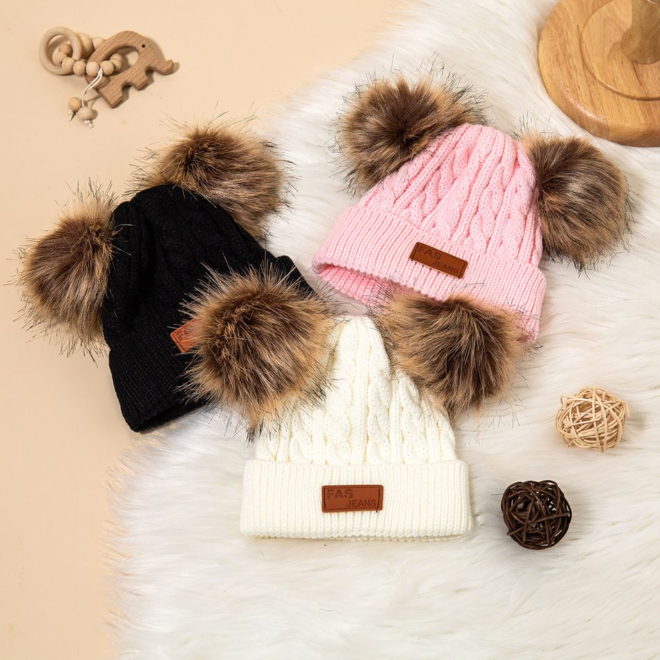 bambino/bambino doppio pompon decoro cappello a berretto lavorato a maglia in tinta unita Rosa big image 2
