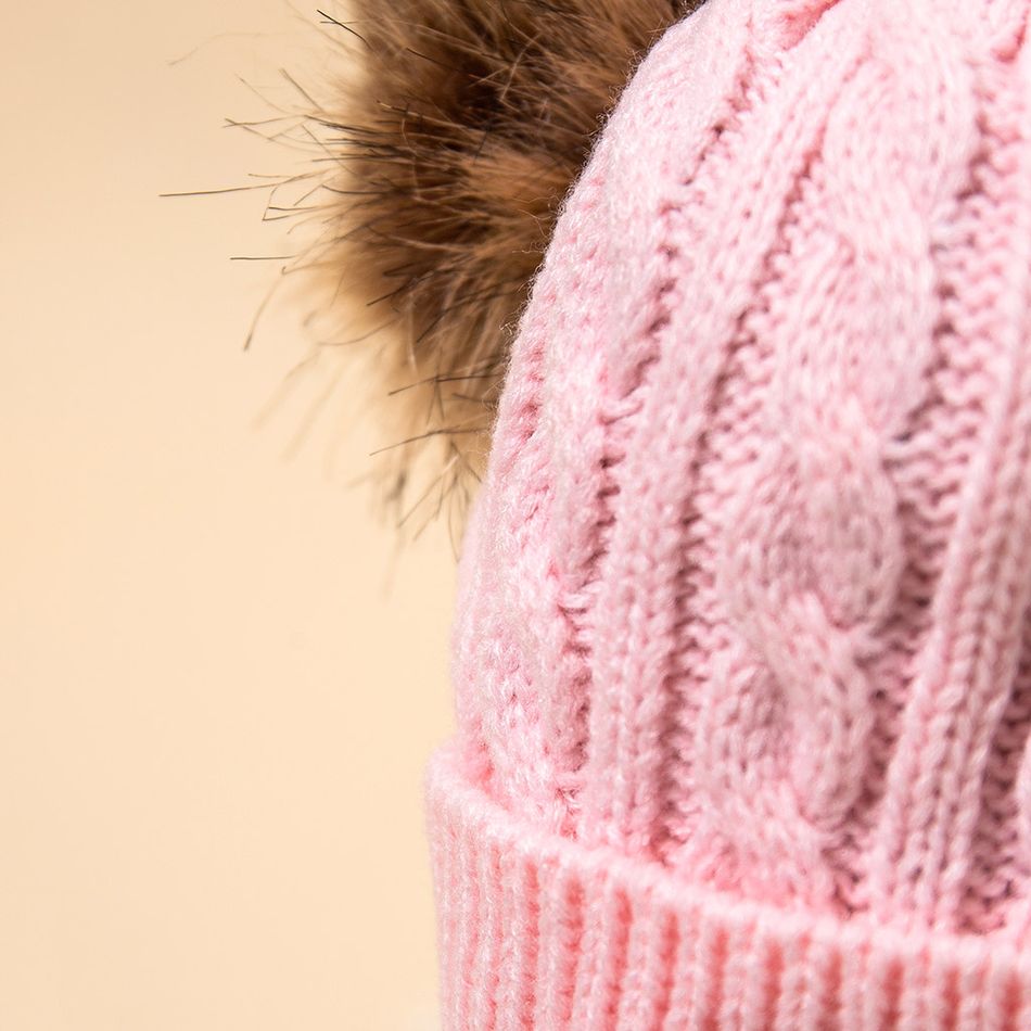 bambino/bambino doppio pompon decoro cappello a berretto lavorato a maglia in tinta unita Rosa big image 5