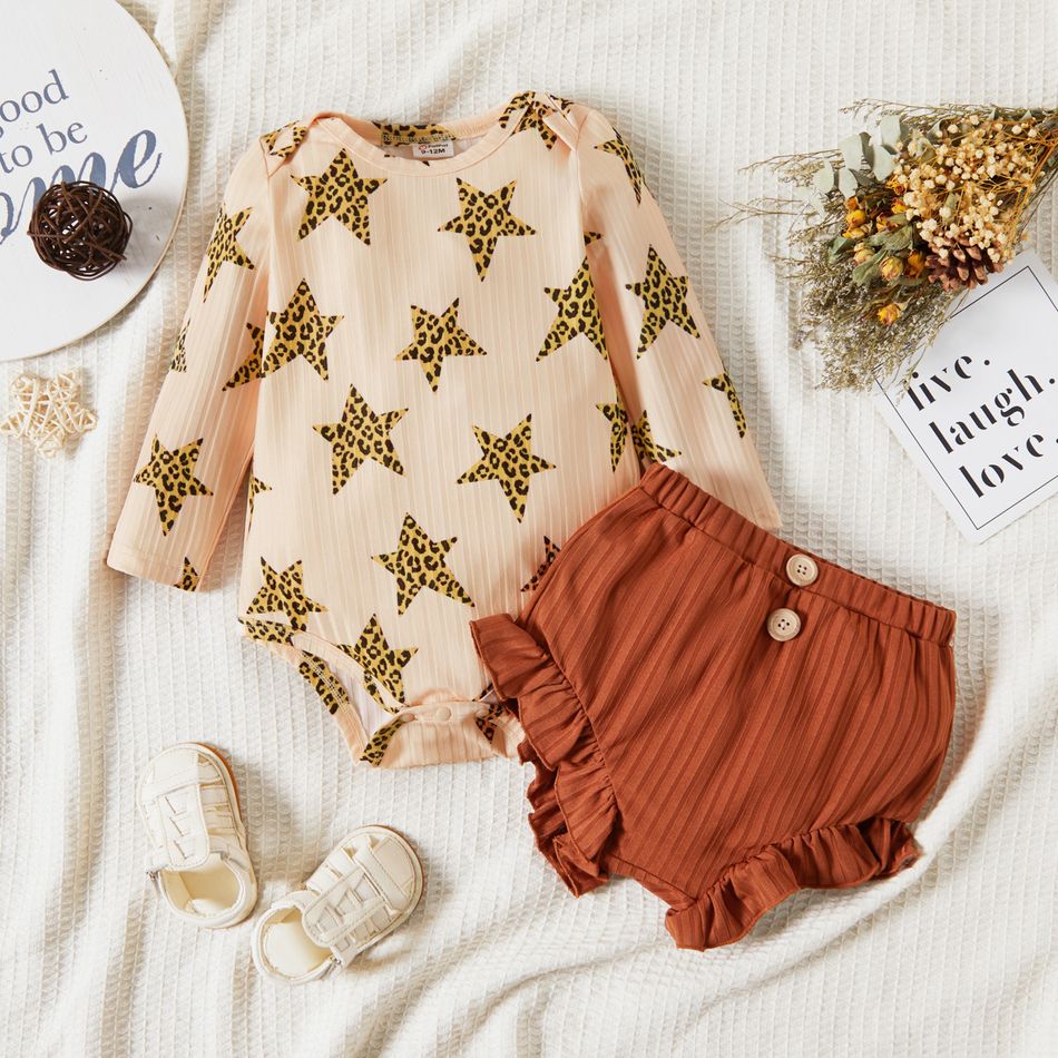 2pcs Baby Girl All Over Leopard Star Print Ribbed Long-sleeve Romper and Ruffle Shorts Set Color block