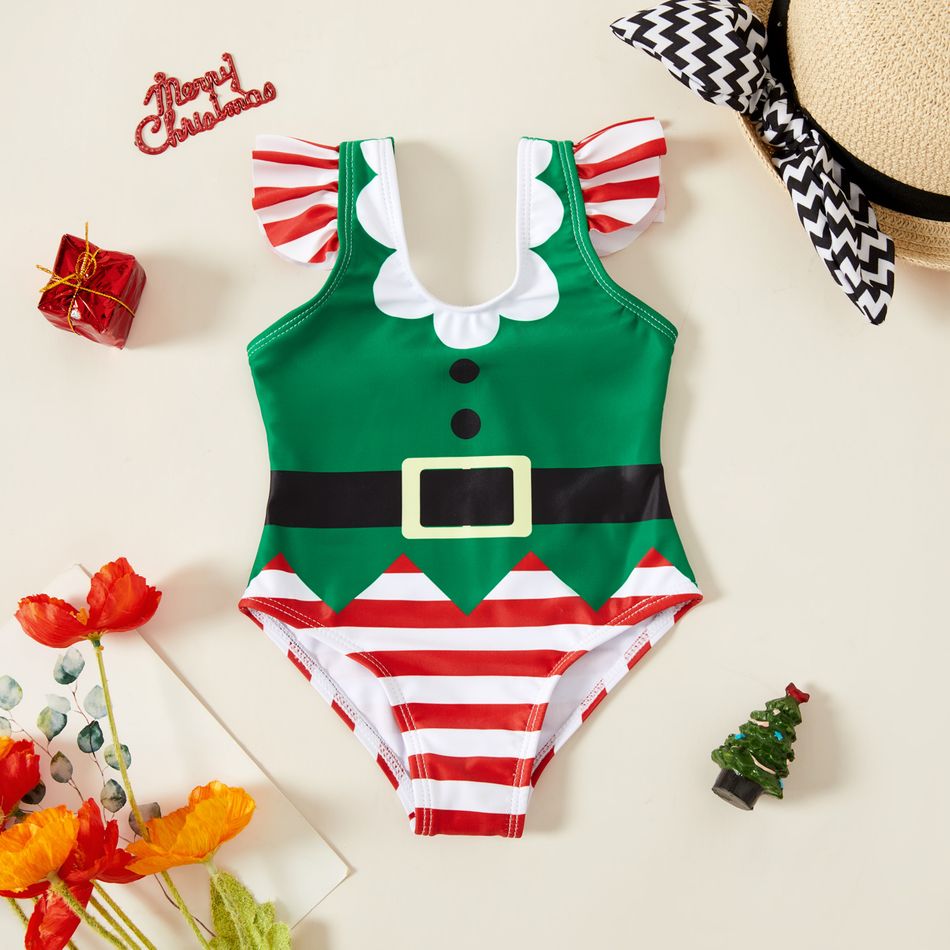 Christmas Elf Outfit Striped Flutter-sleeve Baby Swimsuit Red/White