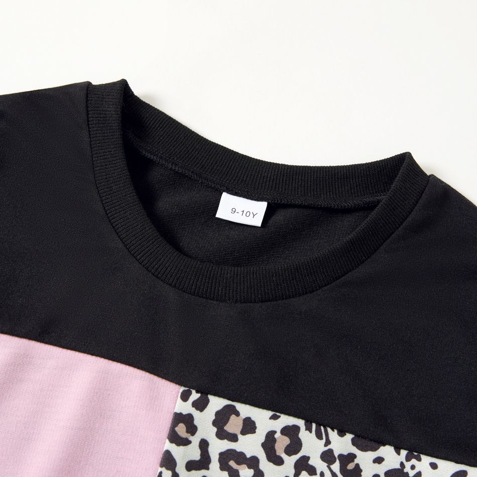 2-piece Kid Girl Leopard Print Colorblock Pullover Sweatshirt and Pants Casual Set Black big image 3
