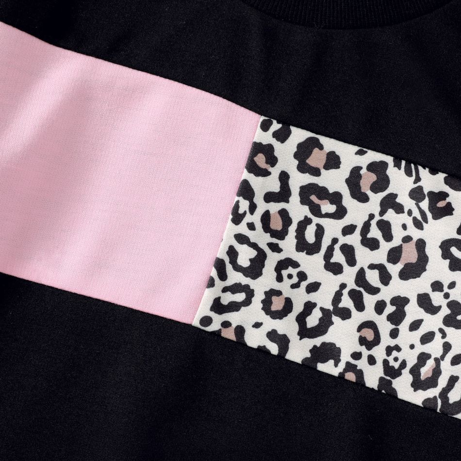 2-piece Kid Girl Leopard Print Colorblock Pullover Sweatshirt and Pants Casual Set Black big image 4