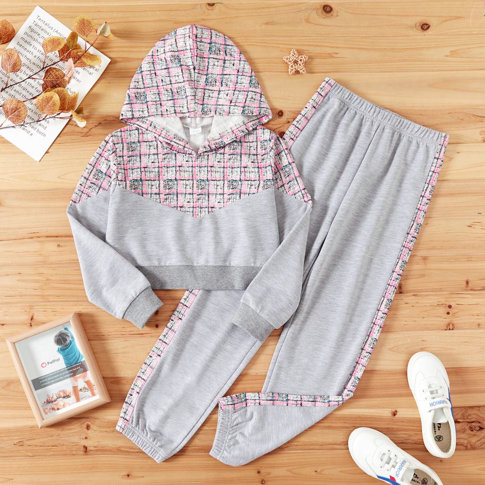 2-piece Kid Girl Plaid Tweed Splice Colorblock Hoodie Sweatshirt and Pants Set Grey