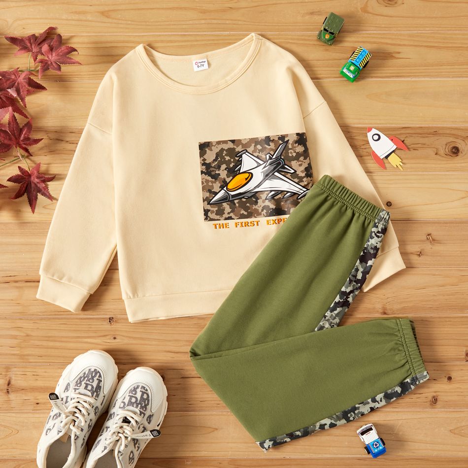 2-piece Kid Boy Letter Vehicle Plane Camouflage Print Long-sleeve Tee and Colorblock Pants Set Apricot