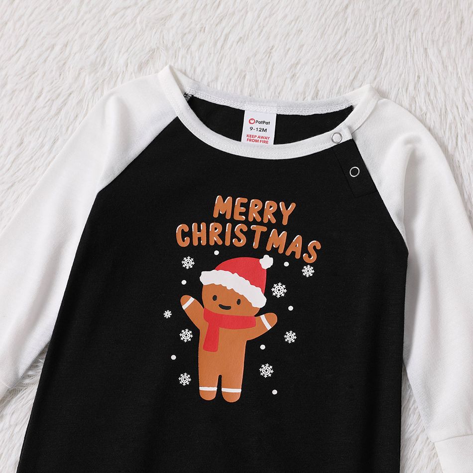 Christmas Gingerbread Man and Letter Print Black Family Matching Raglan Long-sleeve Pajamas Sets (Flame Resistant) Black/White big image 9
