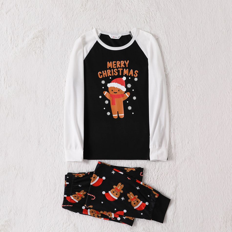 Christmas Gingerbread Man and Letter Print Black Family Matching Raglan Long-sleeve Pajamas Sets (Flame Resistant) Black/White big image 2