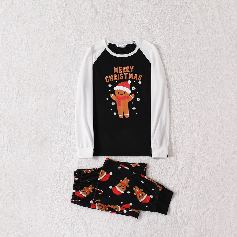 Christmas Gingerbread Man and Letter Print Black Family Matching Raglan Long-sleeve Pajamas Sets (Flame Resistant) Black/White big image 3